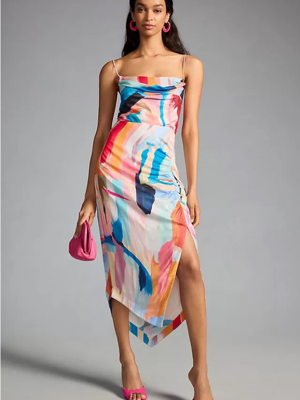 Anthropologie Multicolor Watercolor Cowl-Neck High-Low Slip Dress